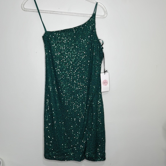 Crystal sky emerald green sequin one strap mini dress - Picture 3 of 10